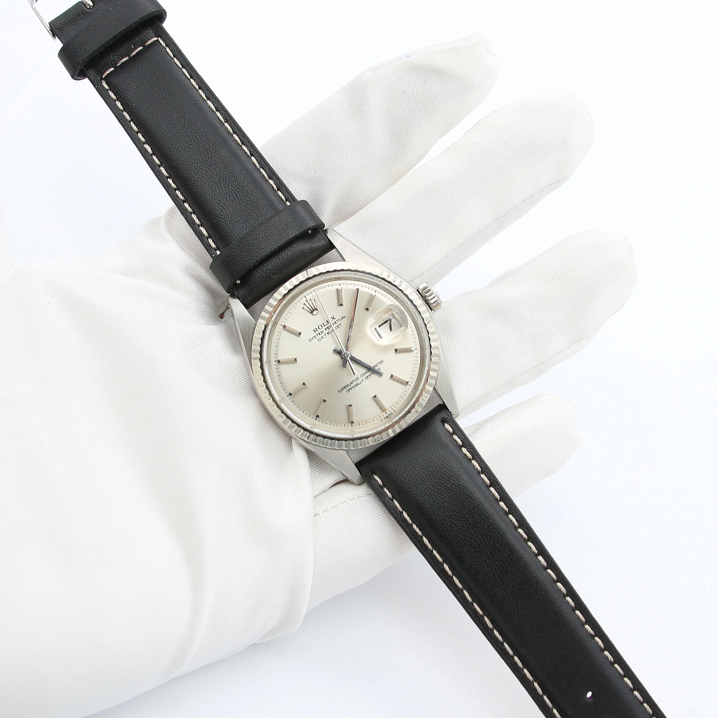 Rolex Datejust ref. 1601 - Silver Dial - Black Leather Strap - Full Set - Image 4
