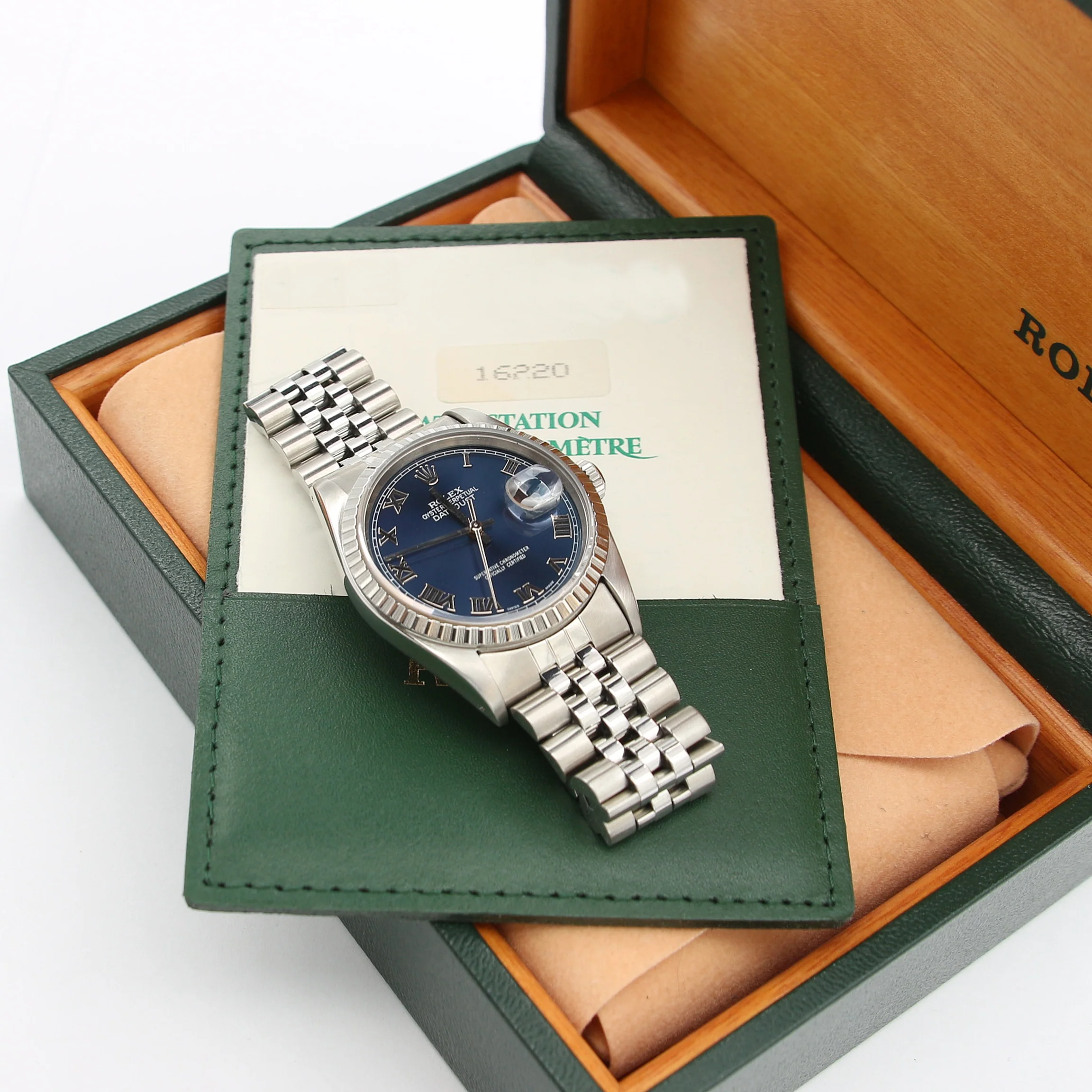 Rolex Datejust ref. 16220 Blue Roman Dial Jubilee Bracelet - Full Set