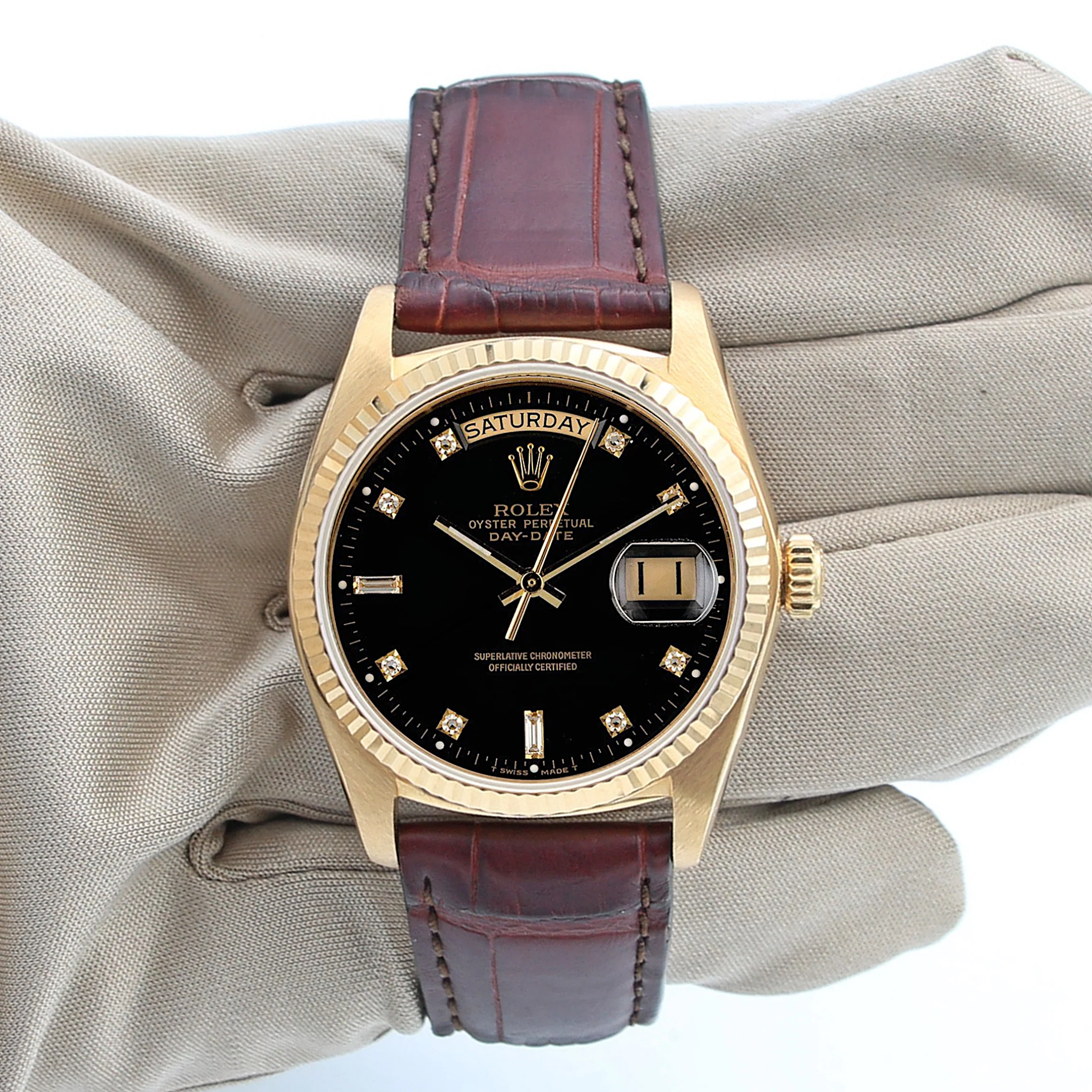 Rolex Day-Date ref. 18038 Black Diamonds Dial - Leather strap - Image 2