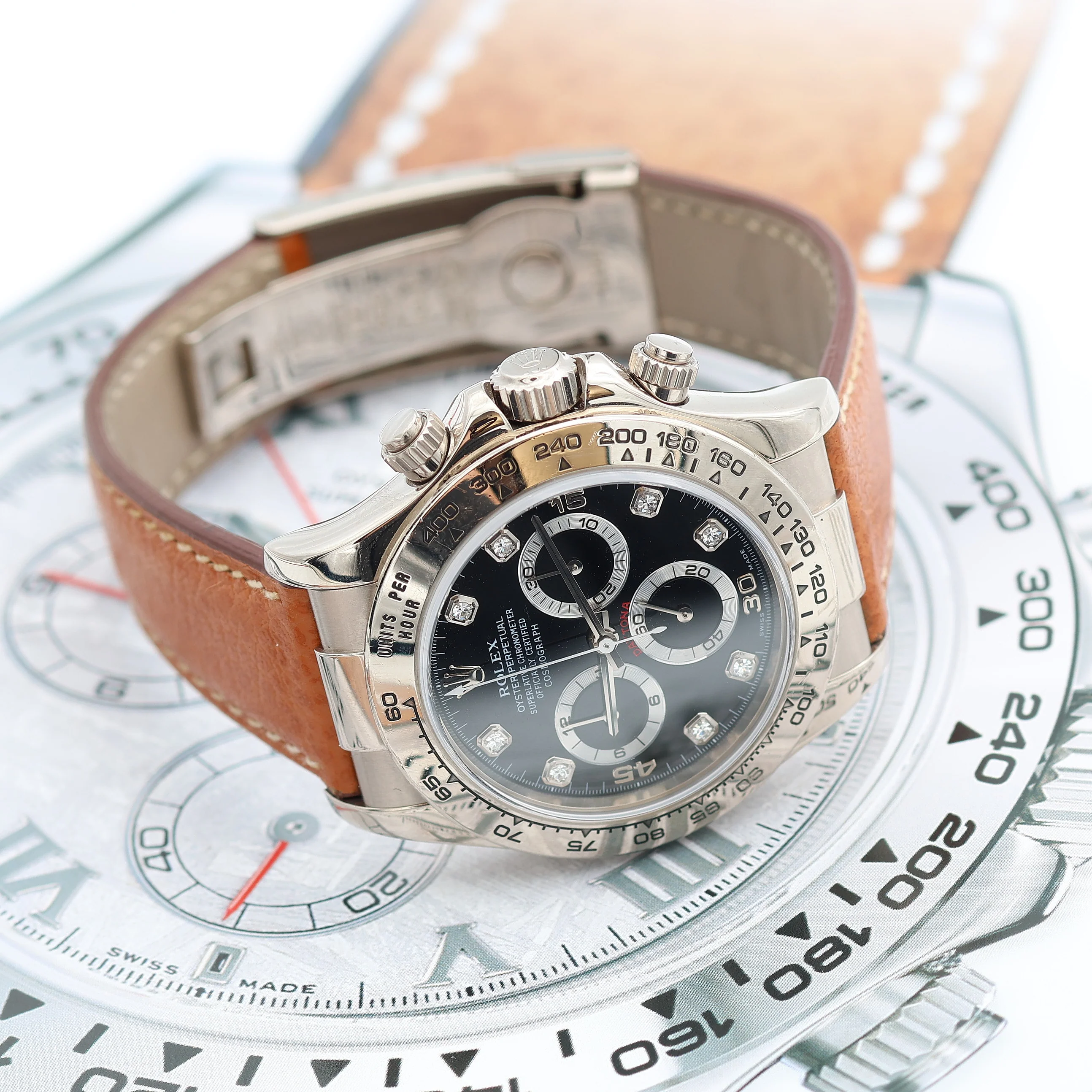 Rolex Daytona ref. 116519 Black Dial with Diamonds - White Gold 18K - Leather Strap - Image 9