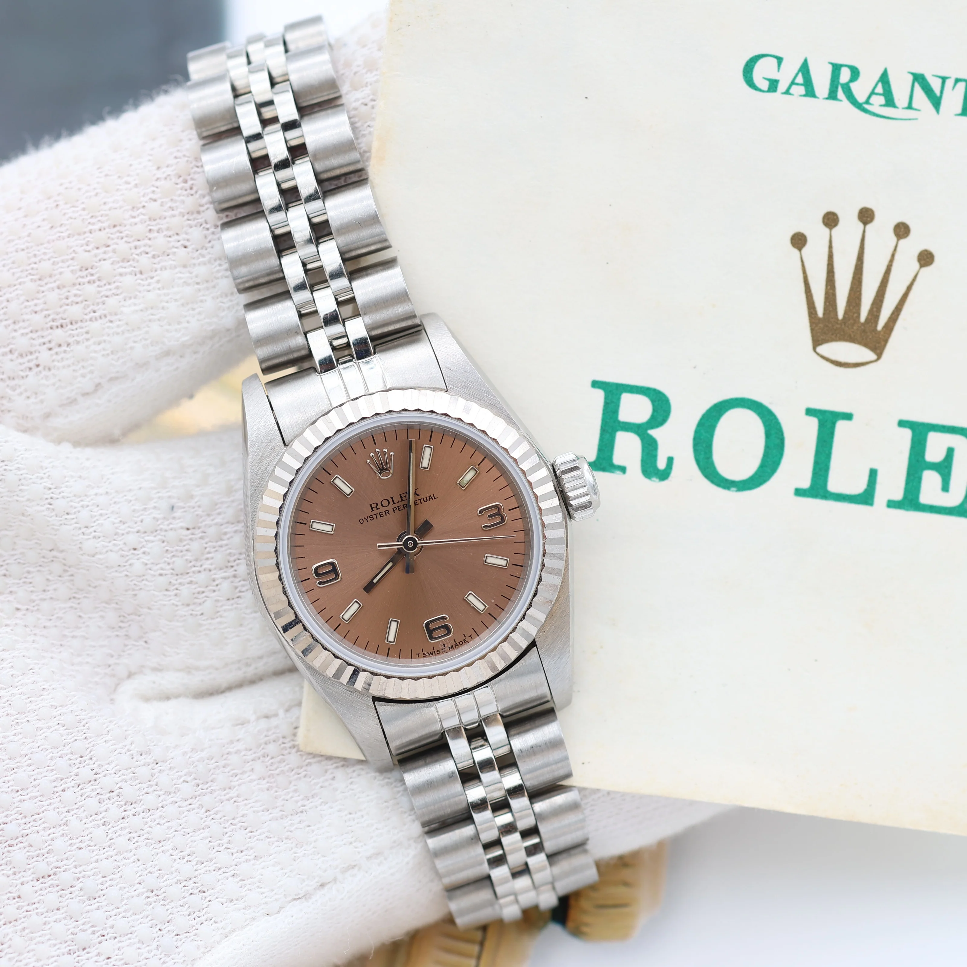 Rolex Oyster Perpetual Lady ref. 67194 Salmon 3-6-9 Dial Jubilee - Full Set - Image 3