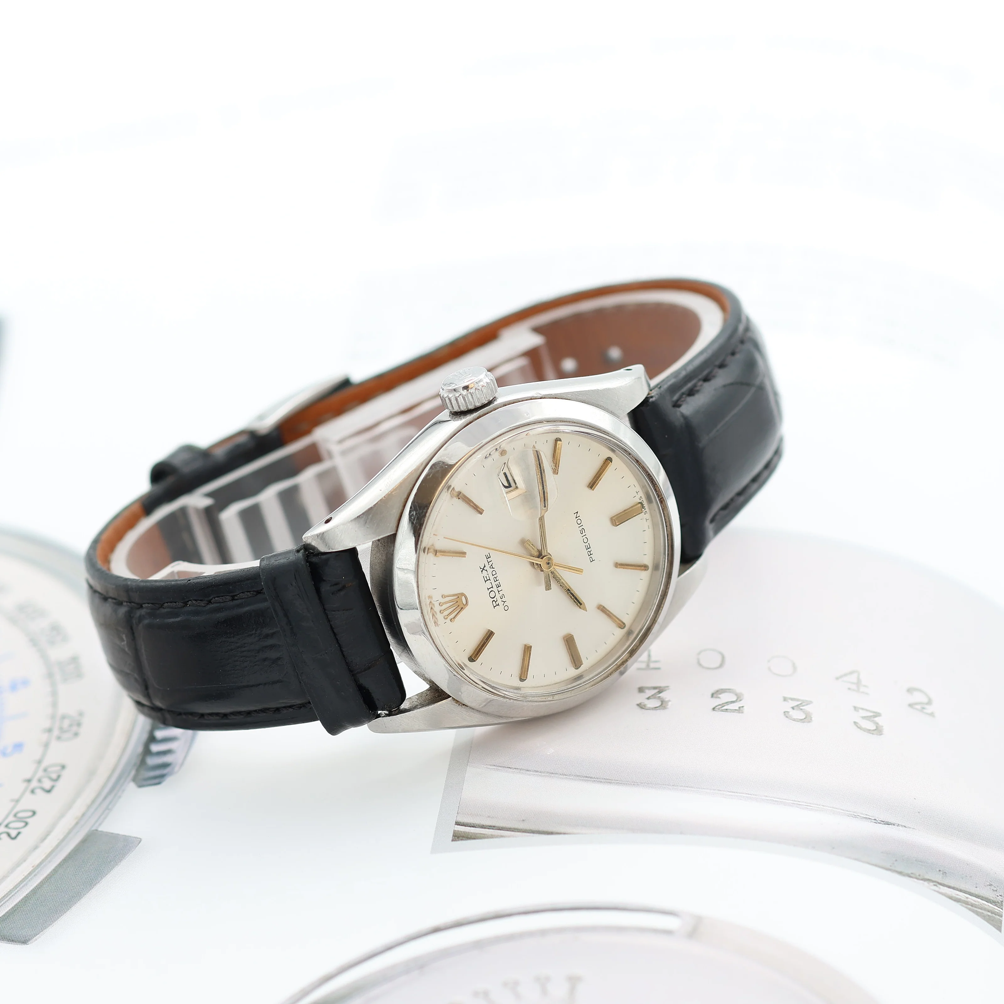 Rolex Precision ref. 6694 - Silver Dial with Golden Indexes - Leather Strap - Image 4
