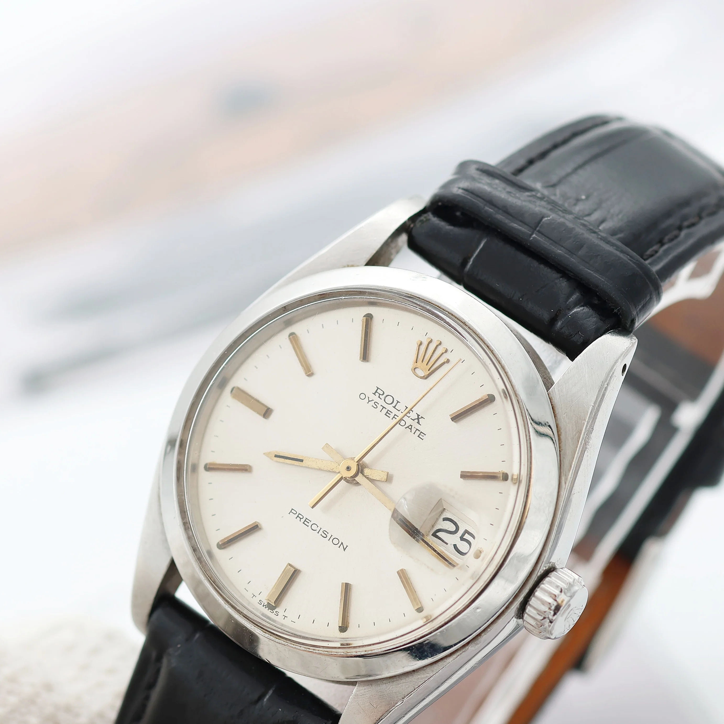 Rolex Precision ref. 6694 - Silver Dial with Golden Indexes - Leather Strap - Image 7