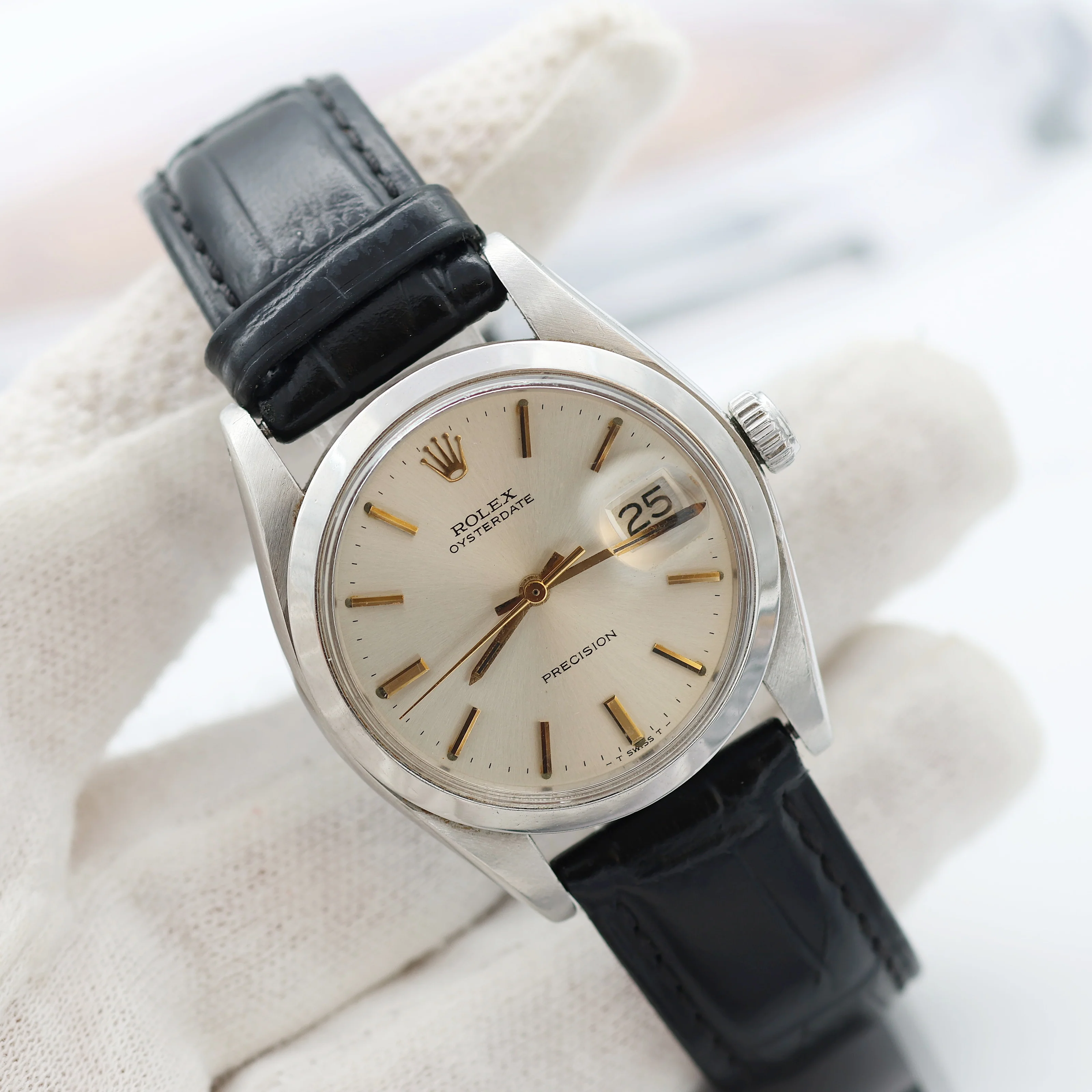 Rolex Precision ref. 6694 - Silver Dial with Golden Indexes - Leather Strap - Image 9